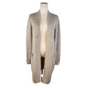 London Kaye Long Knit Cardigan Sweater Gray Ribbed Pockets Open Front M